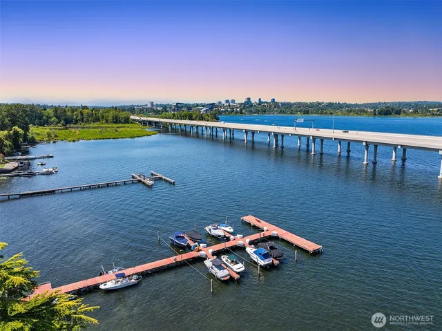 a view of a lake with houses in the back