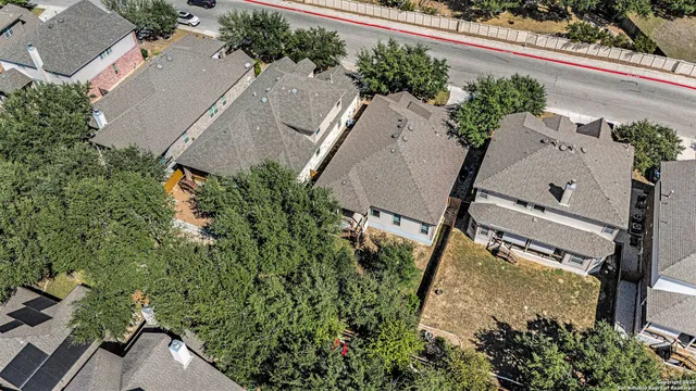 an aerial view of a backyard