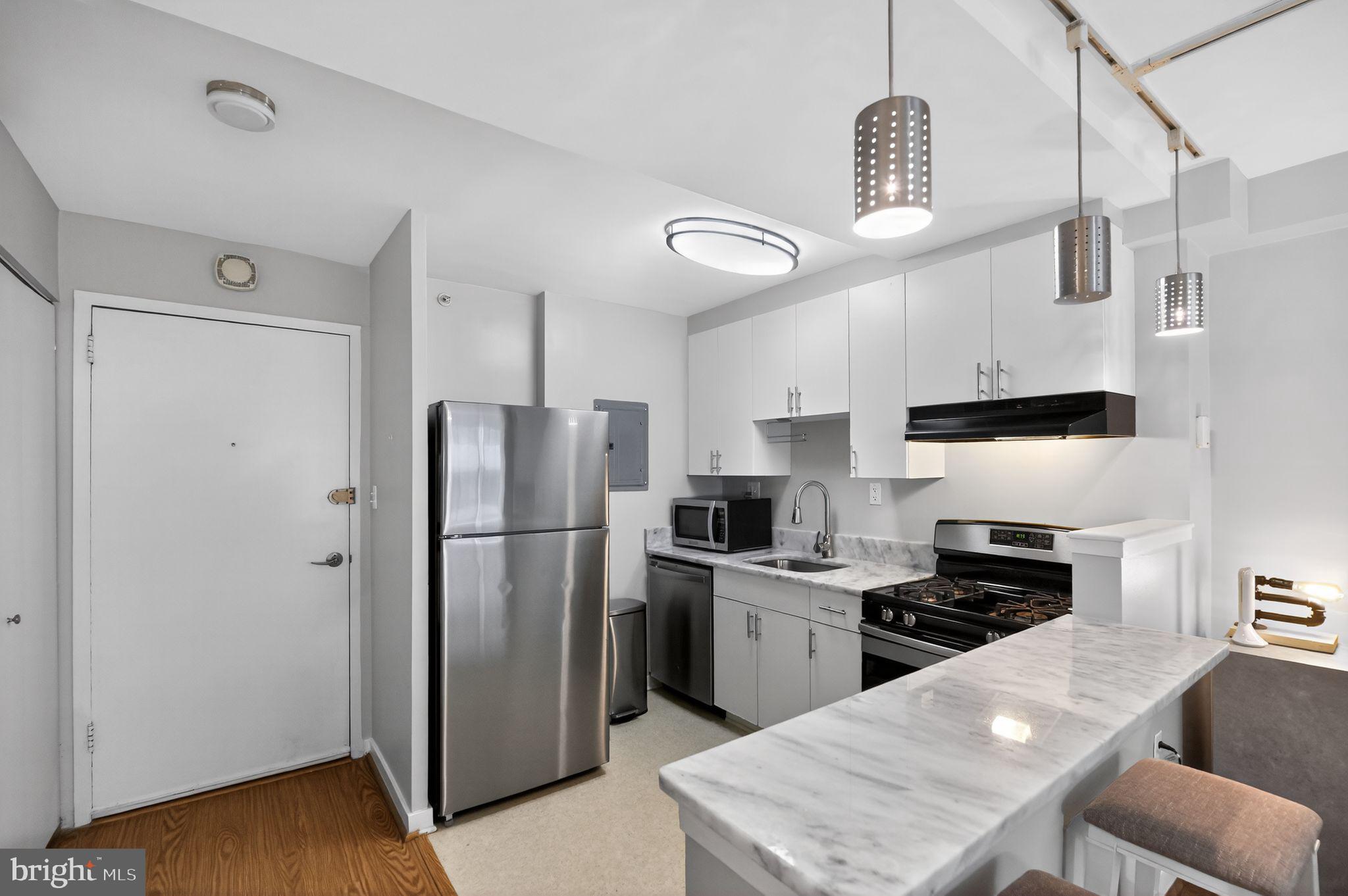 1101 3rd Street Southwest, Unit 111 Washington, DC 20024 - Photo 2 of 40 a kitchen with stainless steel appliances a refrigerator sink and cabinets