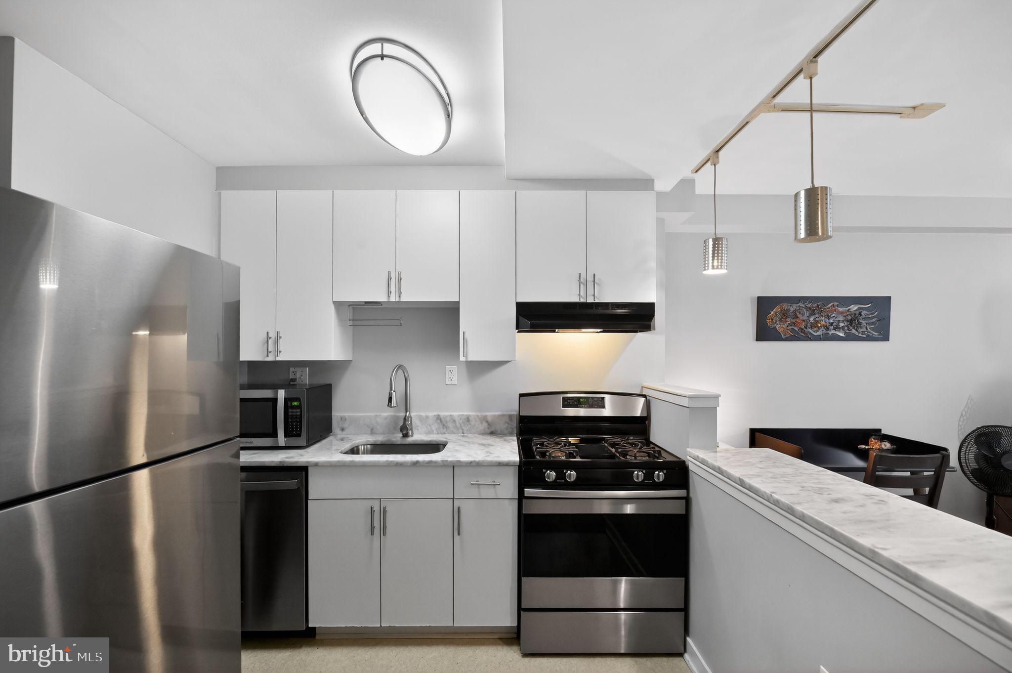 1101 3rd Street Southwest, Unit 111 Washington, DC 20024 - Photo 4 of 40 a kitchen with stainless steel appliances a refrigerator a sink a stove and white cabinets