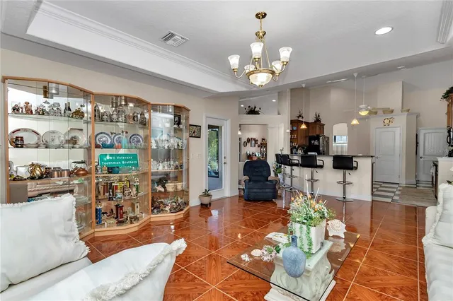 a living room with patio furniture and a chandelier