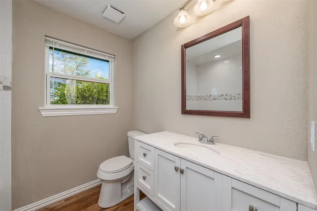 a bathroom with a toilet a sink a vanity and mirror