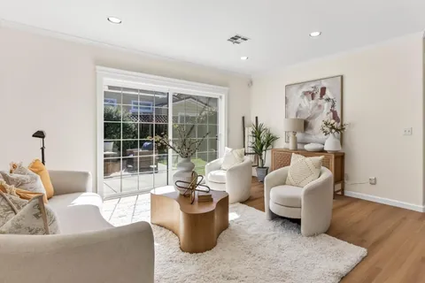 a living room with furniture and a potted plant