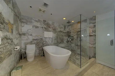 a bathroom with a toilet and a shower