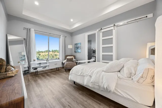 a bedroom with a bed and a walk in closet