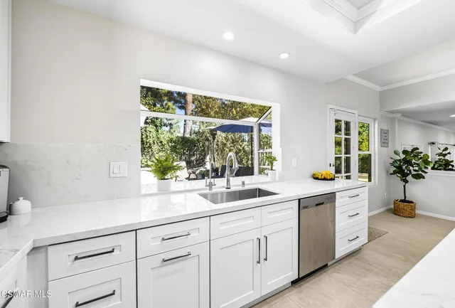 a white kitchen with sink and potted plant
