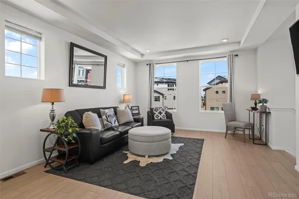 a living room with furniture and a rug