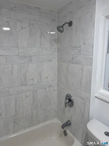 a bathroom with a shower and toilet