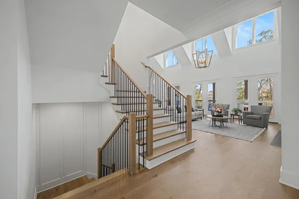 a view of a hallway with windows