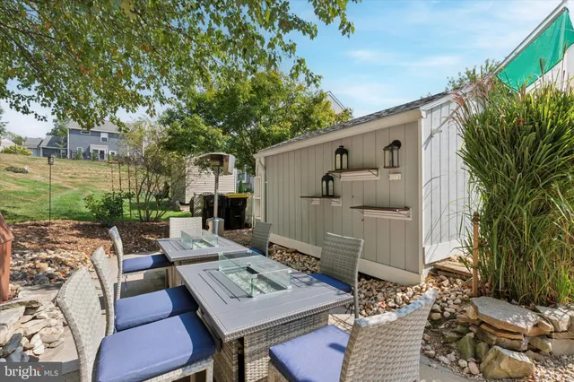 a backyard of a house with table and chairs