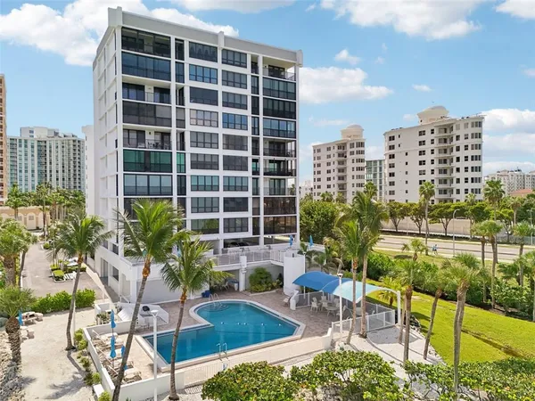 a view of a lake with a terrace