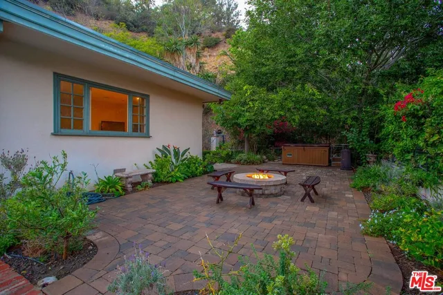 a backyard of a house with outdoor seating