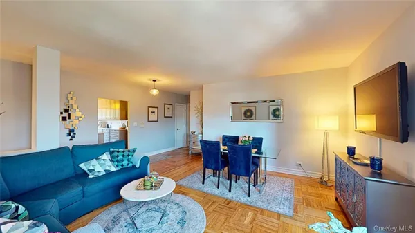 a view of a dining room with furniture