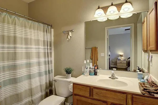 a bathroom with a sink a toilet and shower curtain