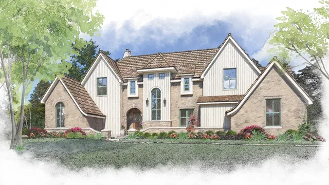 a view of a white house with large trees and yard