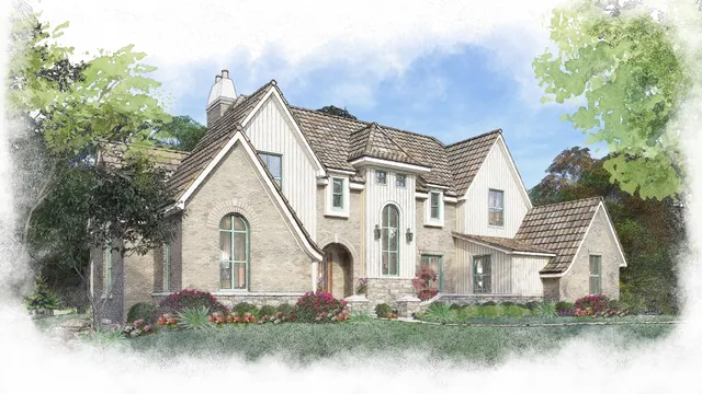 a view of a white house next to a yard with plants and large trees