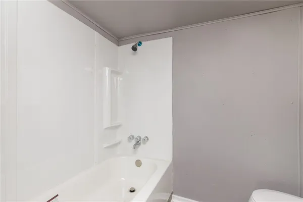 a bathroom with a bathtub and a toilet