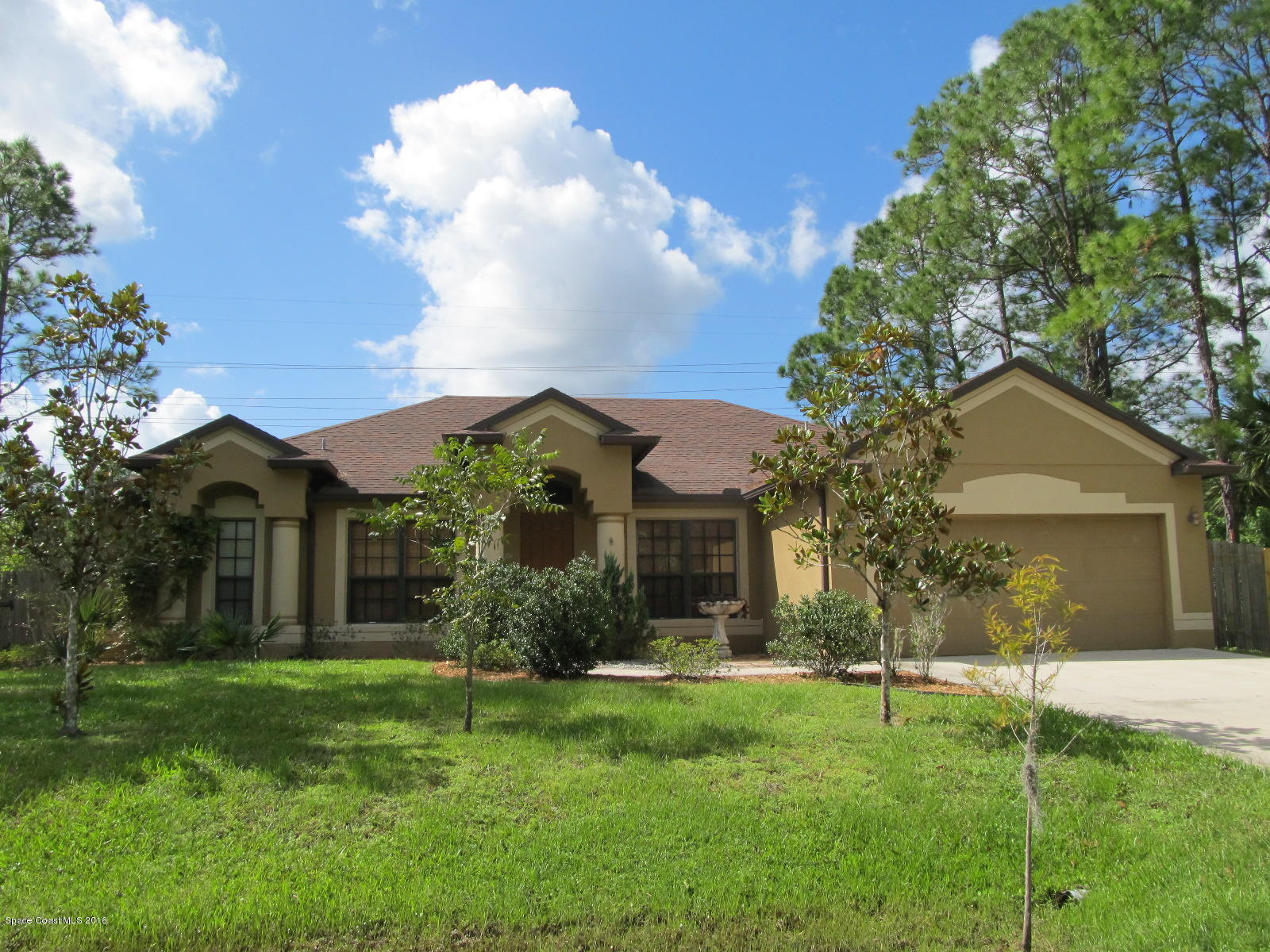 a front view of house with a garden
