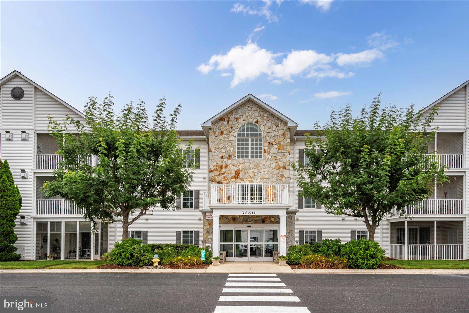 front view of a building with a street