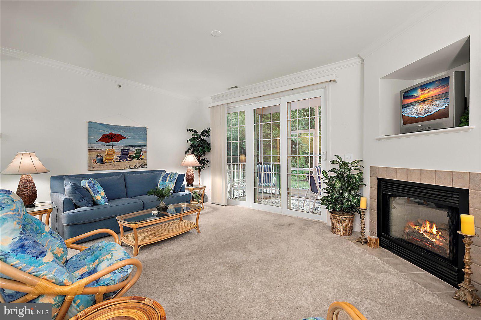 30611 Cedar Neck Road, Unit 2107 Ocean View, DE 19970 - Photo 5 of 44 a living room with furniture a fireplace and a large window