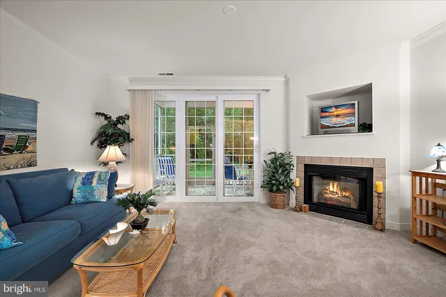 a living room with furniture a fireplace and a large window