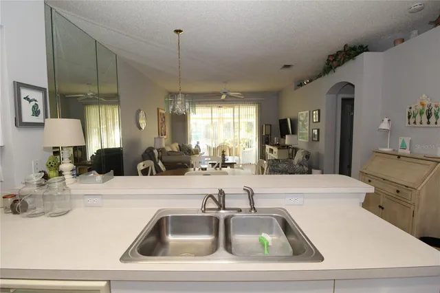 a kitchen with a sink a counter top space and living room view