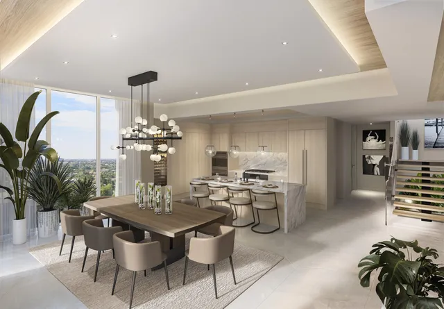 a dining room with furniture and wooden floor