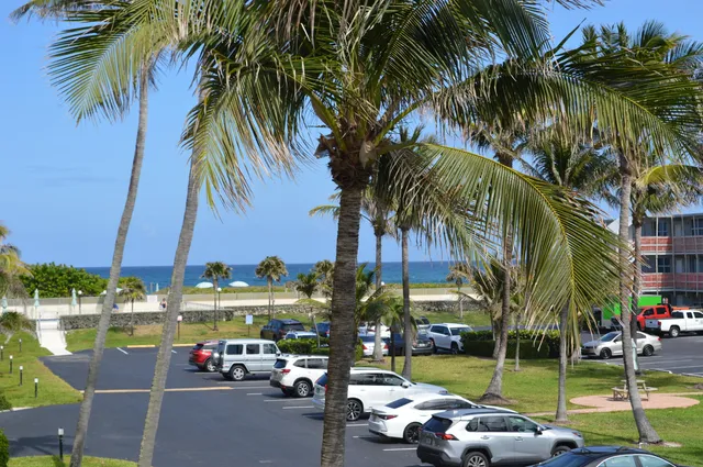 a front view of a building with palm trees