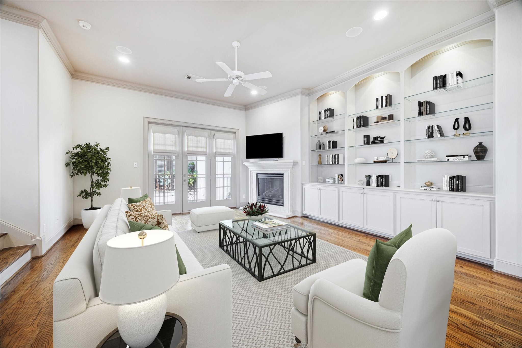 1545 Haddon Street Houston, TX 77006 - Photo 9 of 30 Spacious living area features soaring ceilings, a cozy gas fireplace and a private balcony with elegant french doors