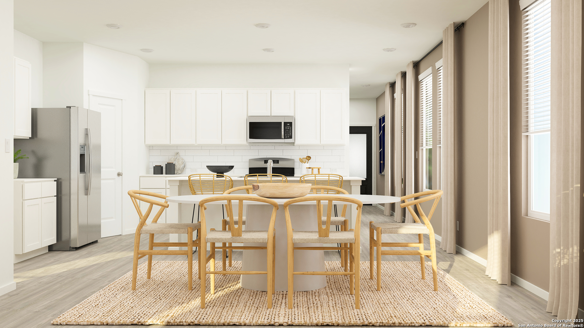 431 Kayden Court Marion, TX 78124 - Photo 8 of 31 a kitchen with stainless steel appliances granite countertop a dining table chairs refrigerator and a window