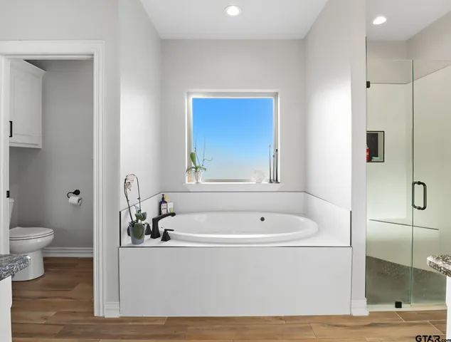 a bathroom with a bathtub and a toilet