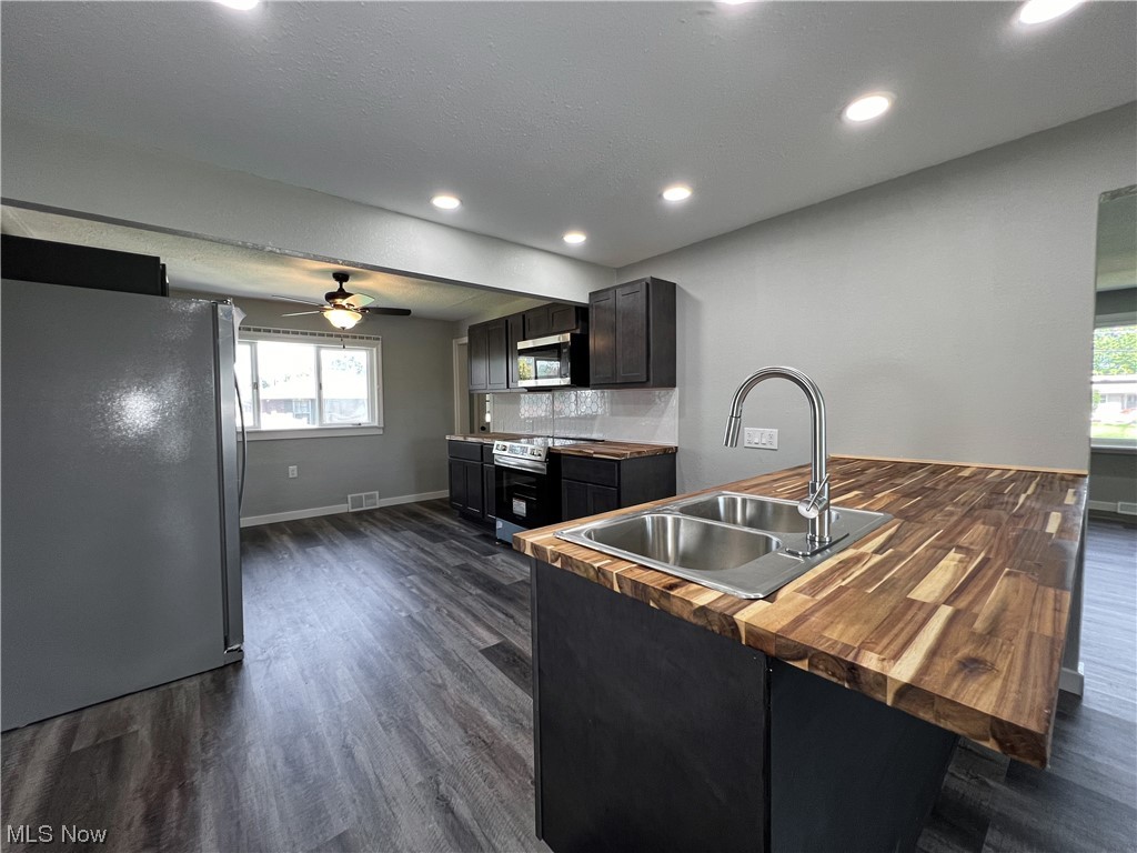 602 West Marshall Road McDonald, OH 44437 - Photo 7 of 19 Kitchen featuring tasteful backsplash, ceiling fan, appliances with stainless steel finishes, wood counters, and sink