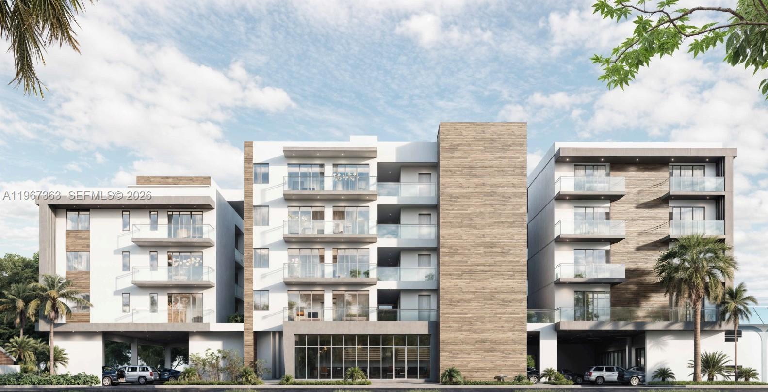 a front view of a multi story building