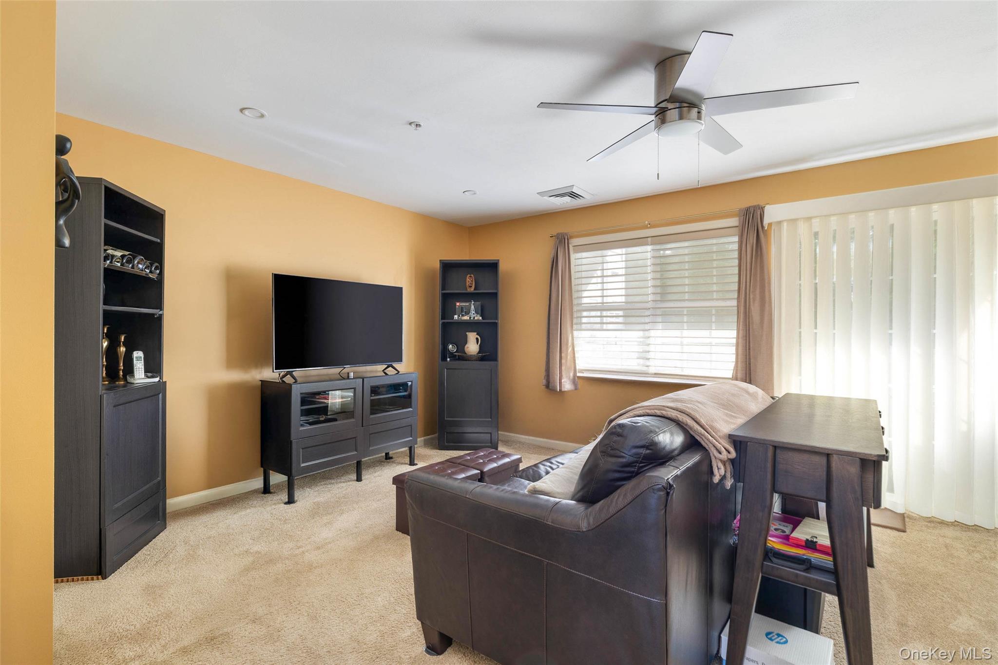 121 Willow Lane Valley Stream, NY 11580 - Photo 11 of 30 Living area with light colored carpet and a ceiling fan