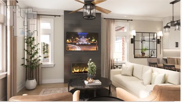 a living room with furniture and a chandelier