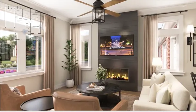 a living room with furniture and a fireplace