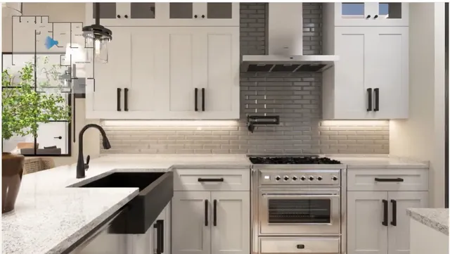 a kitchen with granite countertop a sink a stove and cabinets