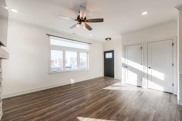 a living room with a fireplace