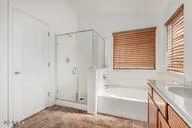 a bathroom with a bathtub and a shower