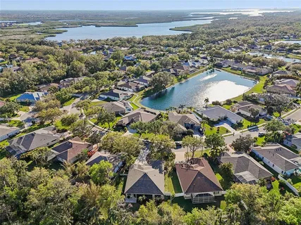 an aerial view of residential houses with outdoor space and trees
