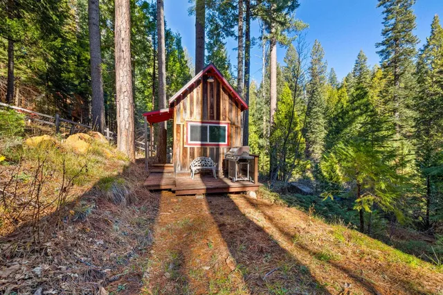 a view of a house with backyard and trees