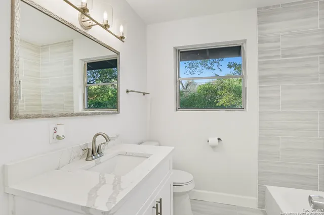 a bathroom with a sink a toilet and a mirror