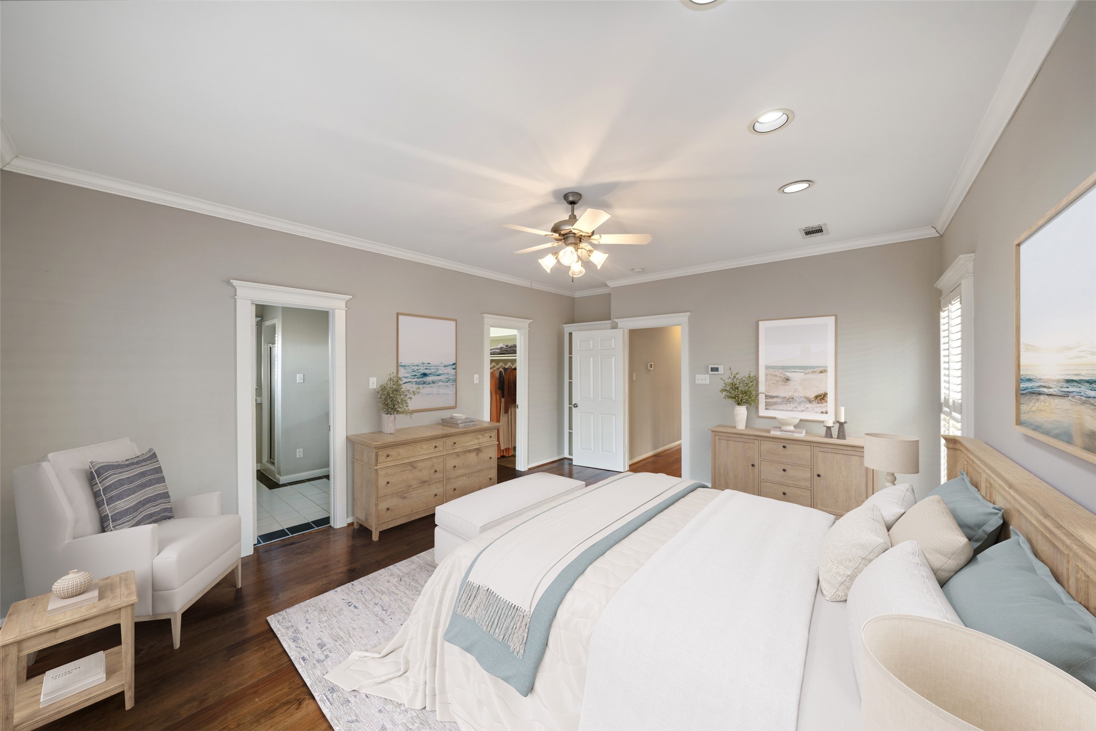 1342 Allston Street Houston, TX 77008 - Photo 19 of 39 Spacious primary suite with hardwood floors, recessed lighting, and easy access to the private bath and walk-in closet.