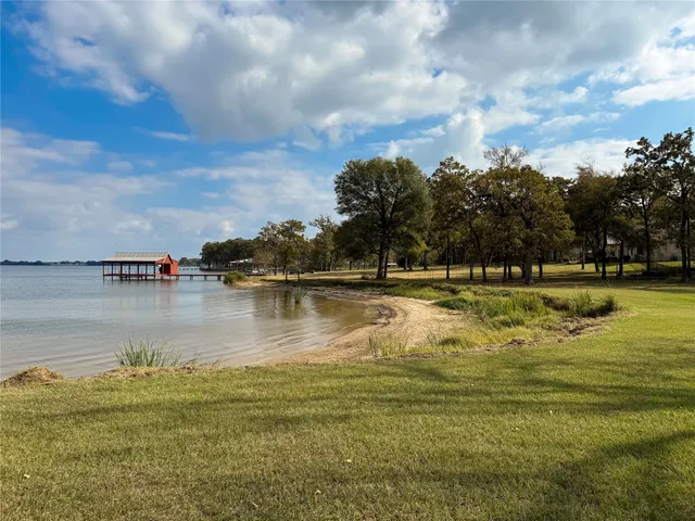 a view of a park with large trees