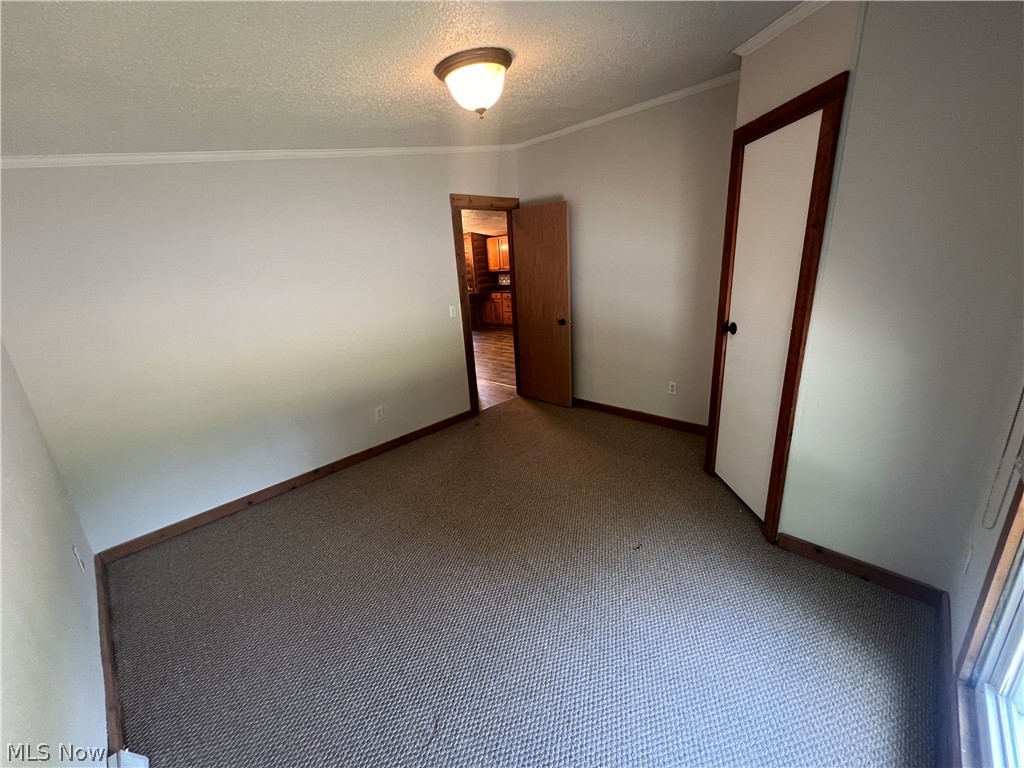 5476 Rutledge Street Southeast Dennison, OH 44621 - Photo 12 of 29 Empty room featuring carpet, ornamental molding, and a textured ceiling