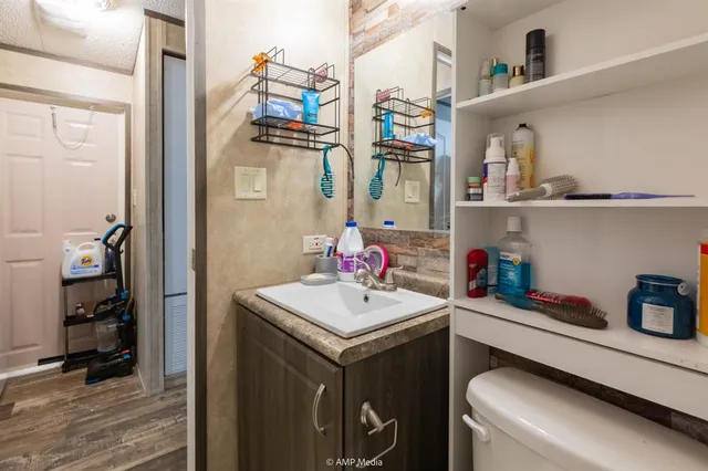 a bathroom with a sink vanity and a mirror