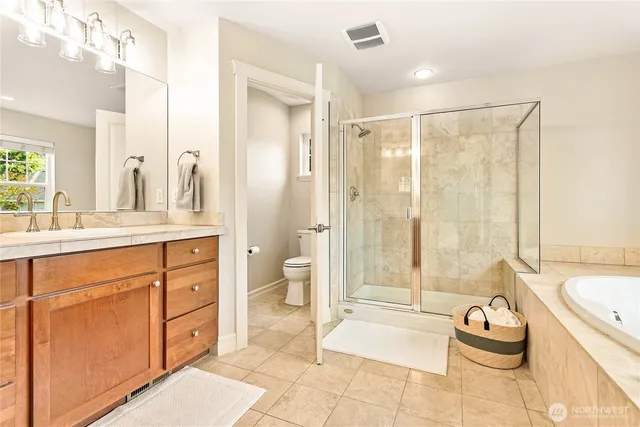a bathroom with a double vanity sink toilet mirror and bathtub