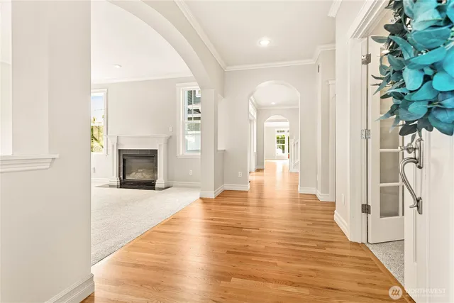a view of a livingroom with wooden floor