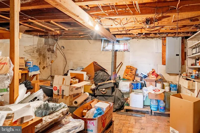 a view of a garage with a table and chairs
