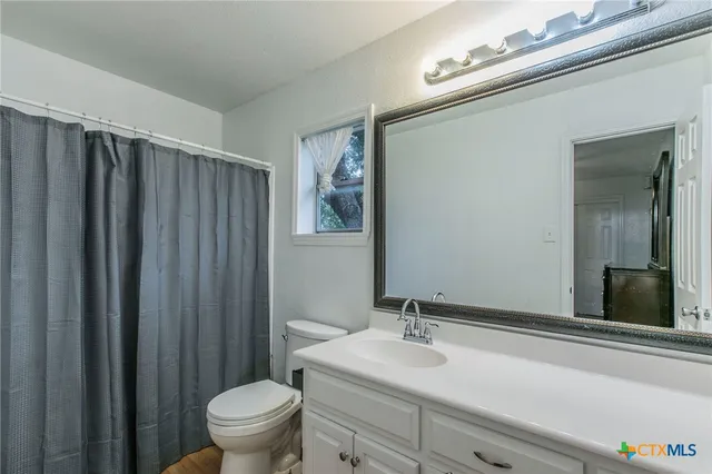 a bathroom with a granite countertop sink toilet and mirror